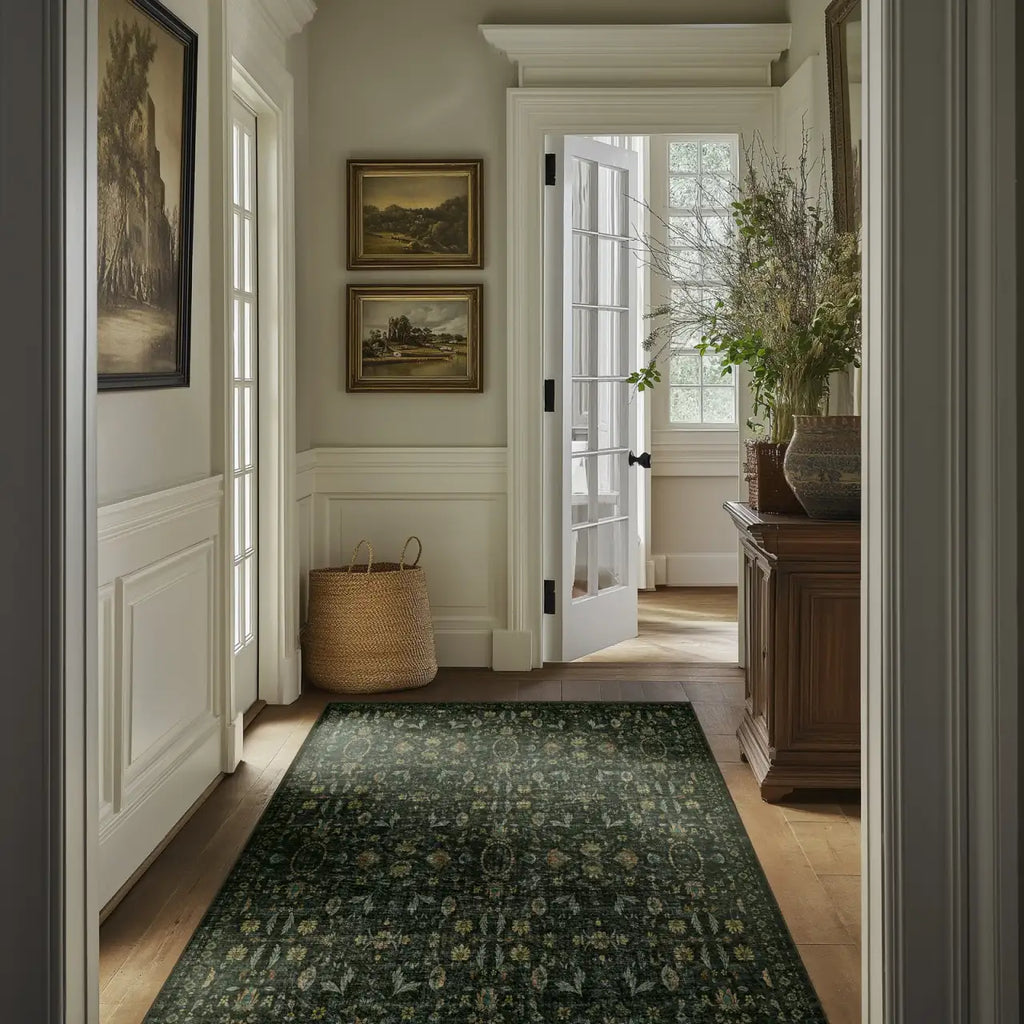 Washable Floral Rug and Pad Set in Forest Green