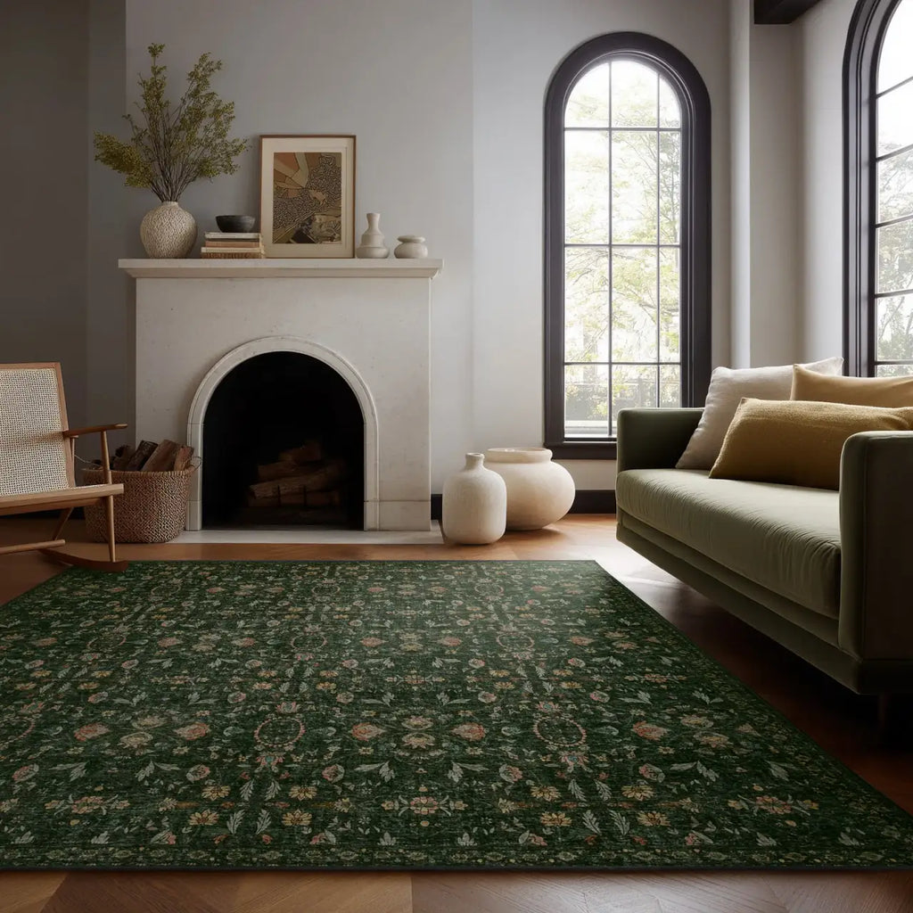 Washable Floral Rug and Pad Set in Forest Green