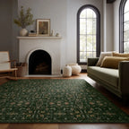 Washable Floral Rug and Pad Set in Forest Green