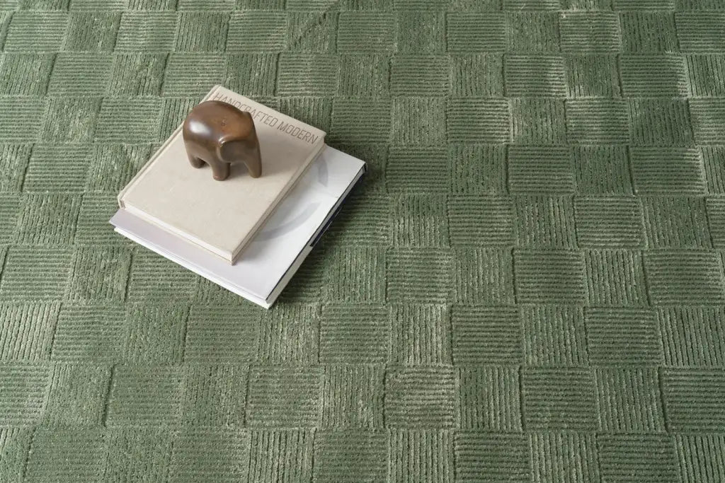 Washable Sage Green Geometric Rug, Recycled Polyester Medium-Pile Basketweave Design in Multiple Sizes