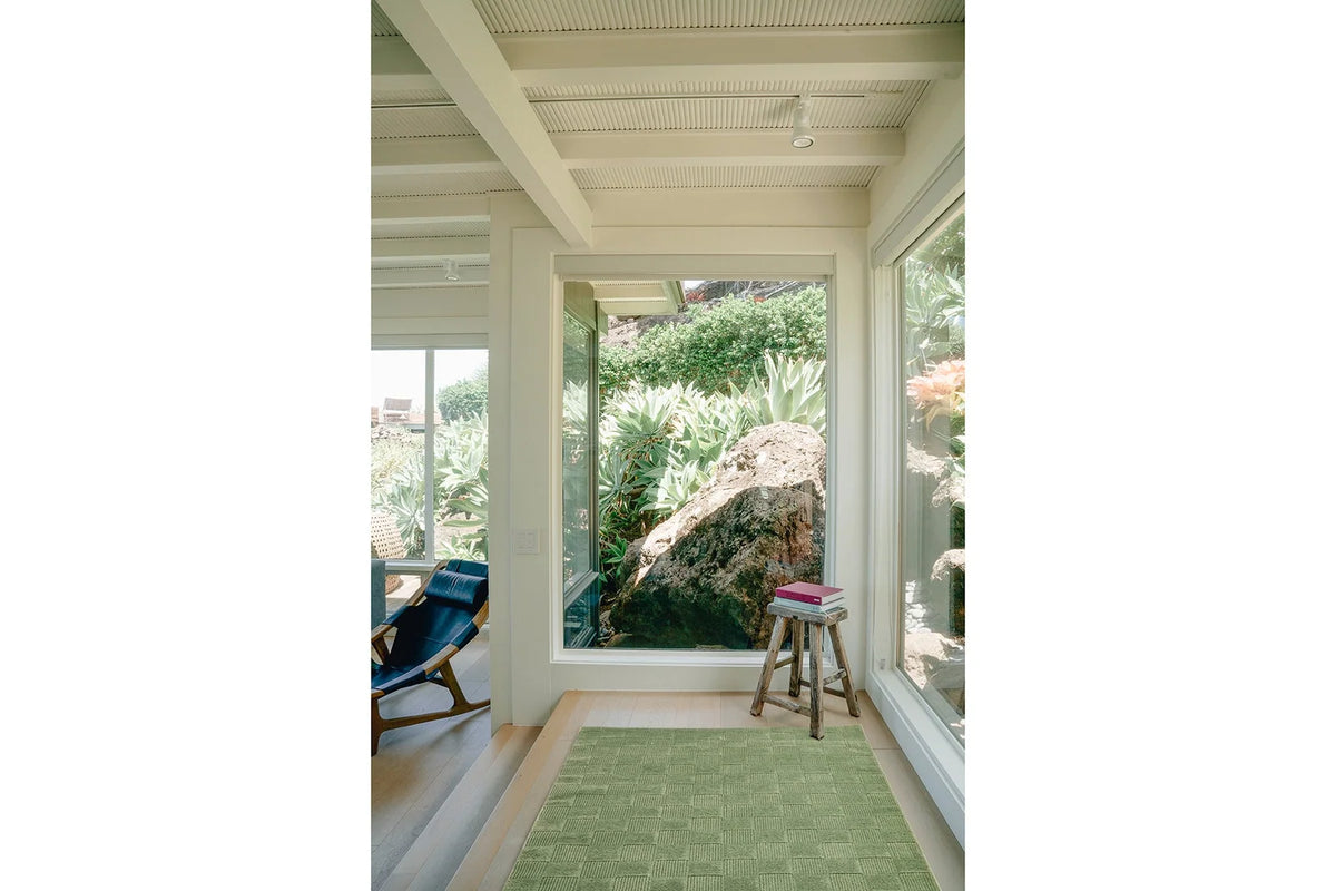 Washable Sage Green Geometric Rug, Recycled Polyester Medium-Pile Basketweave Design in Multiple Sizes