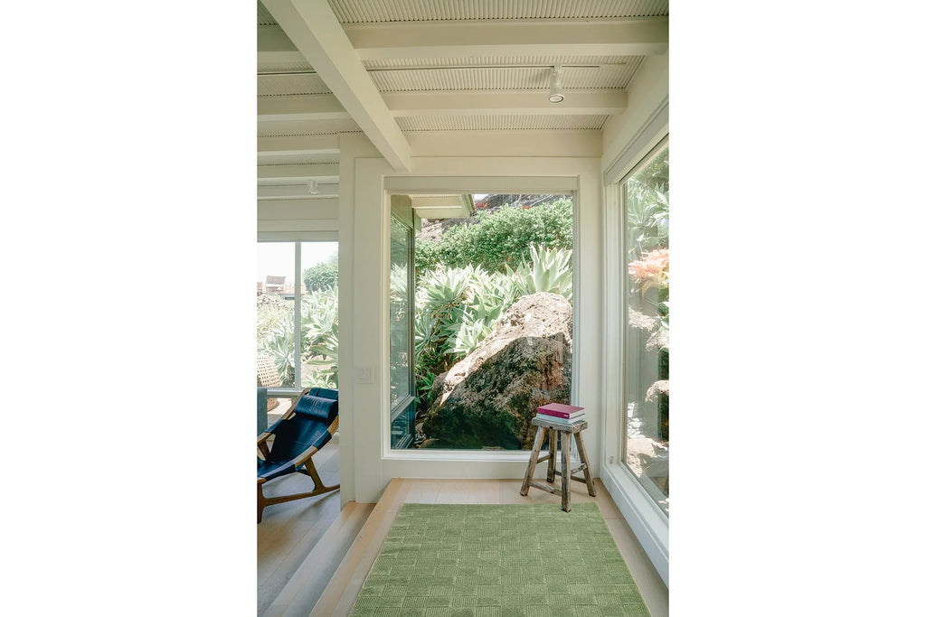 Washable Sage Green Geometric Rug, Recycled Polyester Medium-Pile Basketweave Design in Multiple Sizes