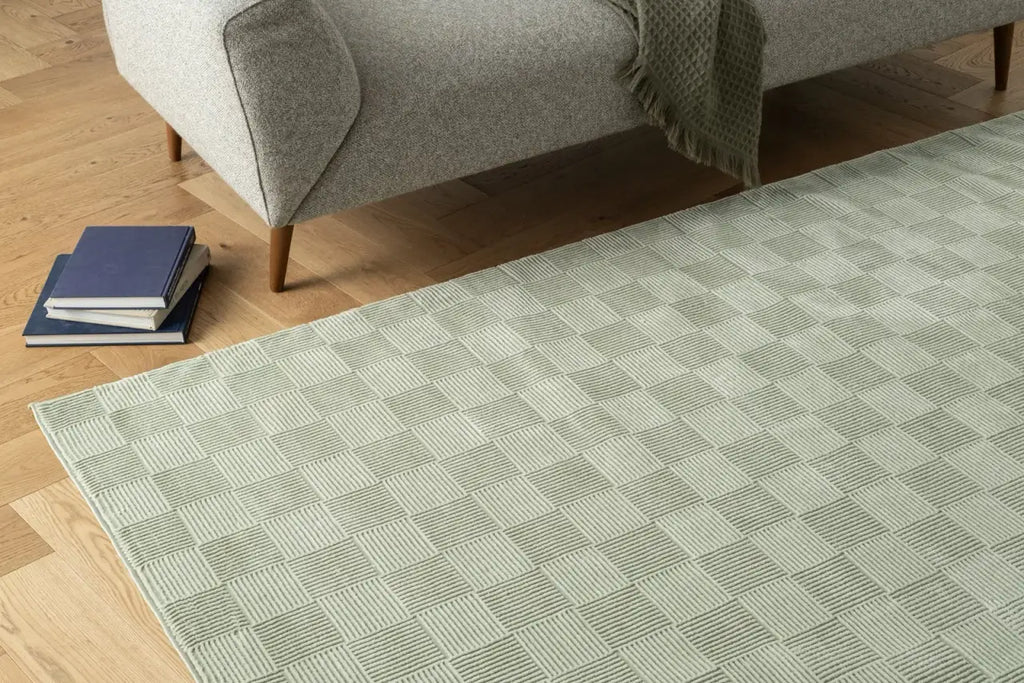 Washable Sage Green Geometric Rug, Recycled Polyester Medium-Pile Basketweave Design in Multiple Sizes
