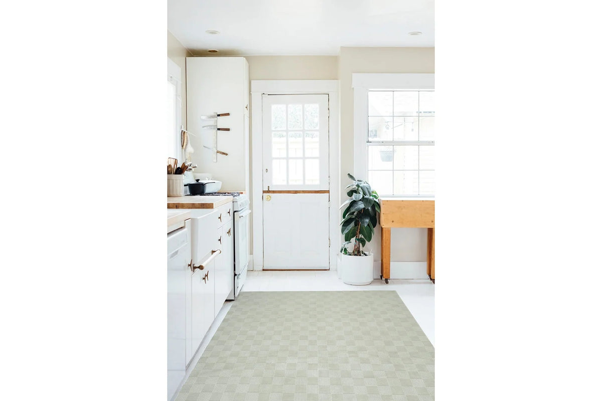 Washable Sage Green Geometric Rug, Recycled Polyester Medium-Pile Basketweave Design in Multiple Sizes