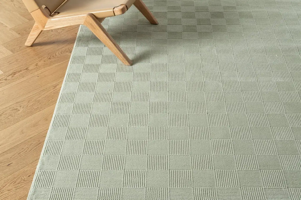 Washable Sage Green Geometric Rug, Recycled Polyester Medium-Pile Basketweave Design in Multiple Sizes