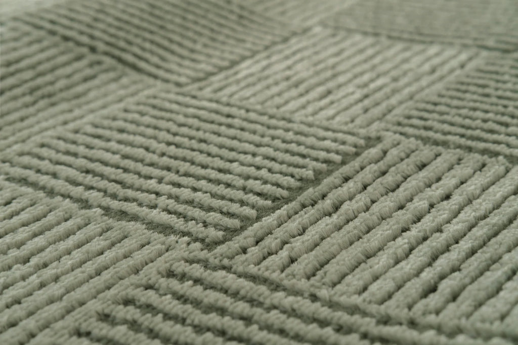 Washable Sage Green Geometric Rug, Recycled Polyester Medium-Pile Basketweave Design in Multiple Sizes