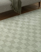 Washable Sage Green Geometric Rug, Recycled Polyester Medium-Pile Basketweave Design in Multiple Sizes