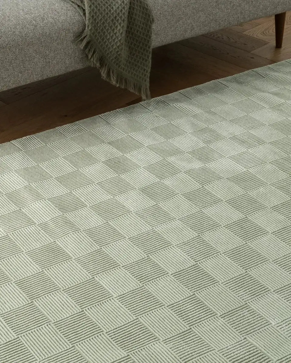 Washable Sage Green Geometric Rug, Recycled Polyester Medium-Pile Basketweave Design in Multiple Sizes