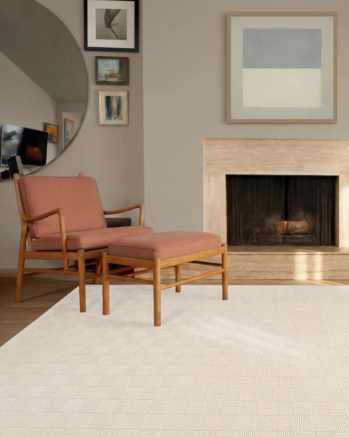Washable Sage Green Geometric Rug, Recycled Polyester Medium-Pile Basketweave Design in Multiple Sizes