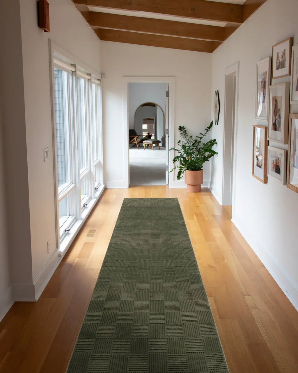 Washable Sage Green Geometric Rug, Recycled Polyester Medium-Pile Basketweave Design in Multiple Sizes