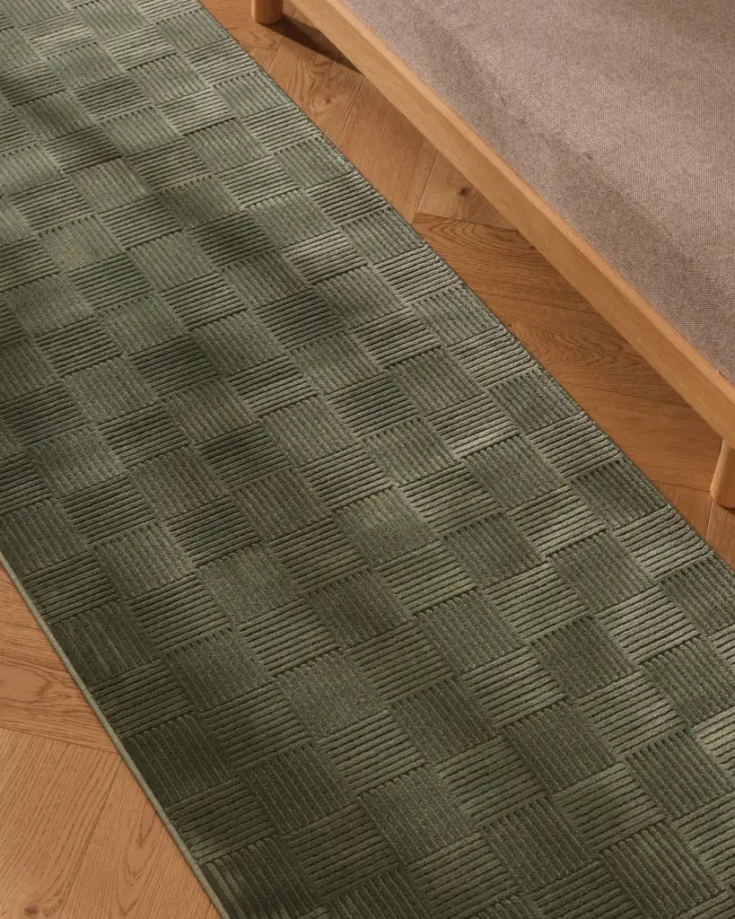 Washable Sage Green Geometric Rug, Recycled Polyester Medium-Pile Basketweave Design in Multiple Sizes