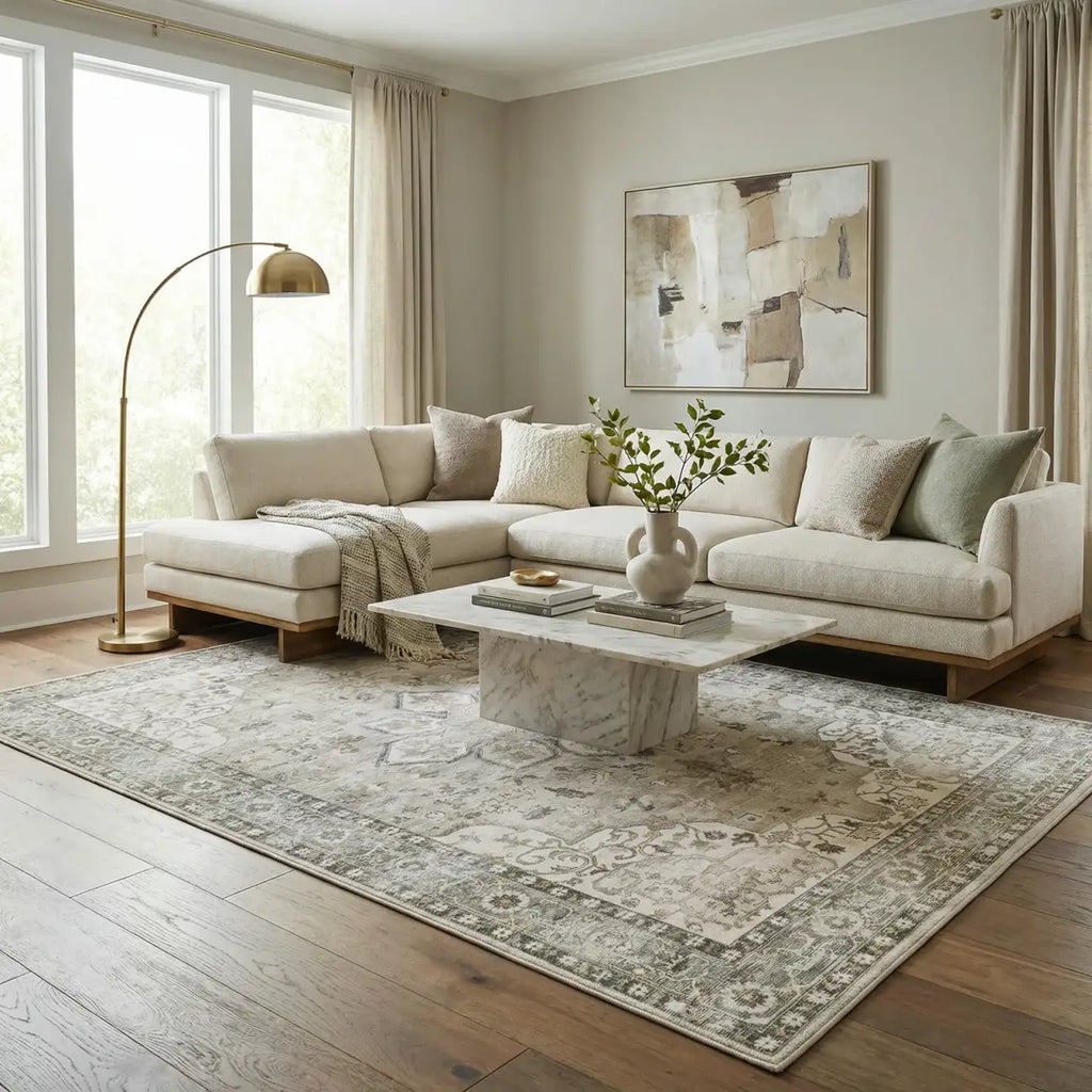 Washable Sage Medallion Area Rug, Low-Pile Machine-Woven Polyester for Traditional Rooms and Hallways