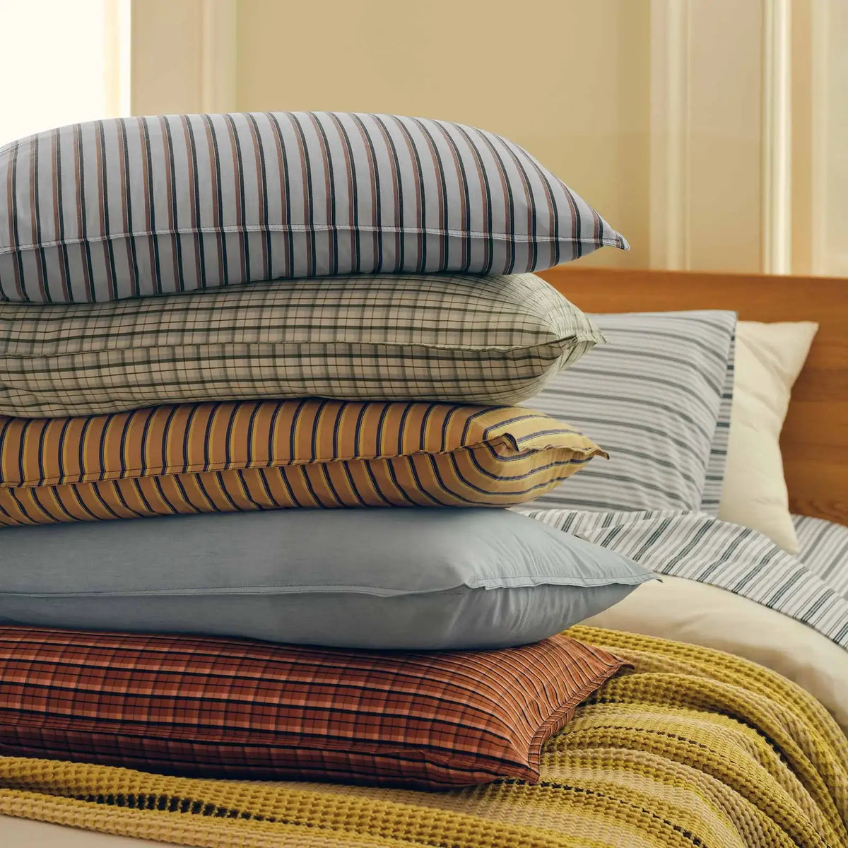 Washed Classic Percale Pillowcase Set in Cotton with Envelope Closures, Standard or King Sizes and Relaxed Stripe