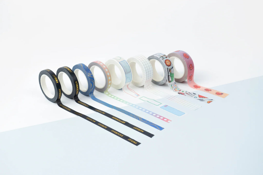 Washi Tape Set with 8 Decorative Paper Rolls in Mixed 15mm and 7mm Widths for Journals and Crafts
