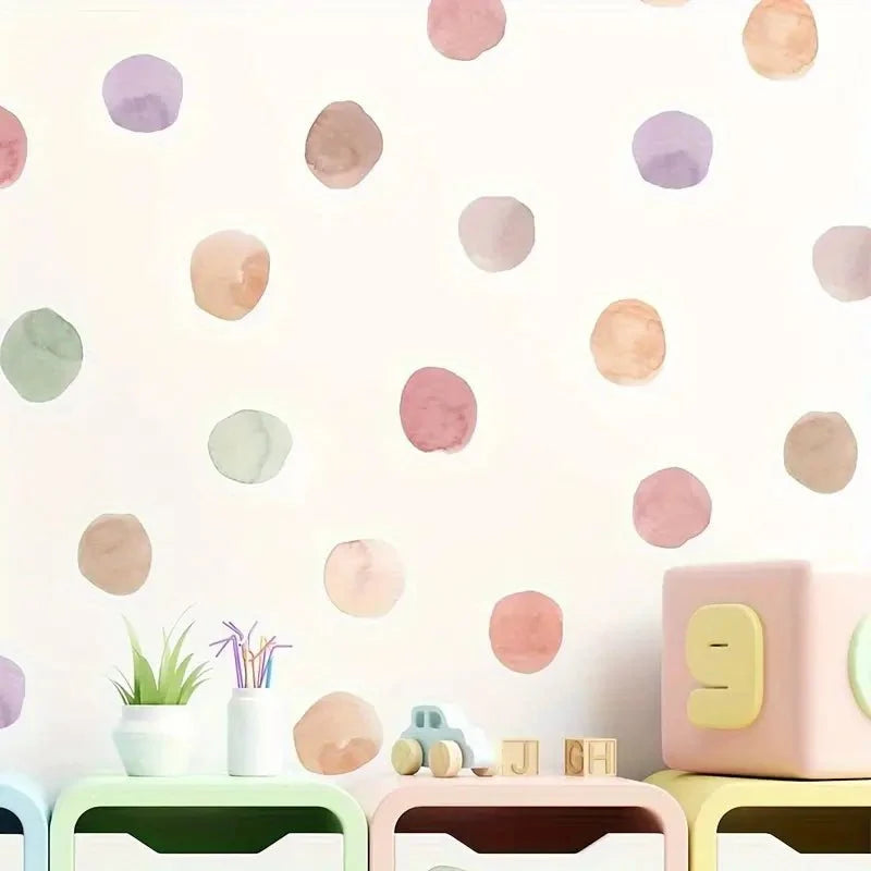 Watercolour Polka Dot Wall Stickers for Nurseries and Playrooms, 36 Removable Woven Fabric Dots