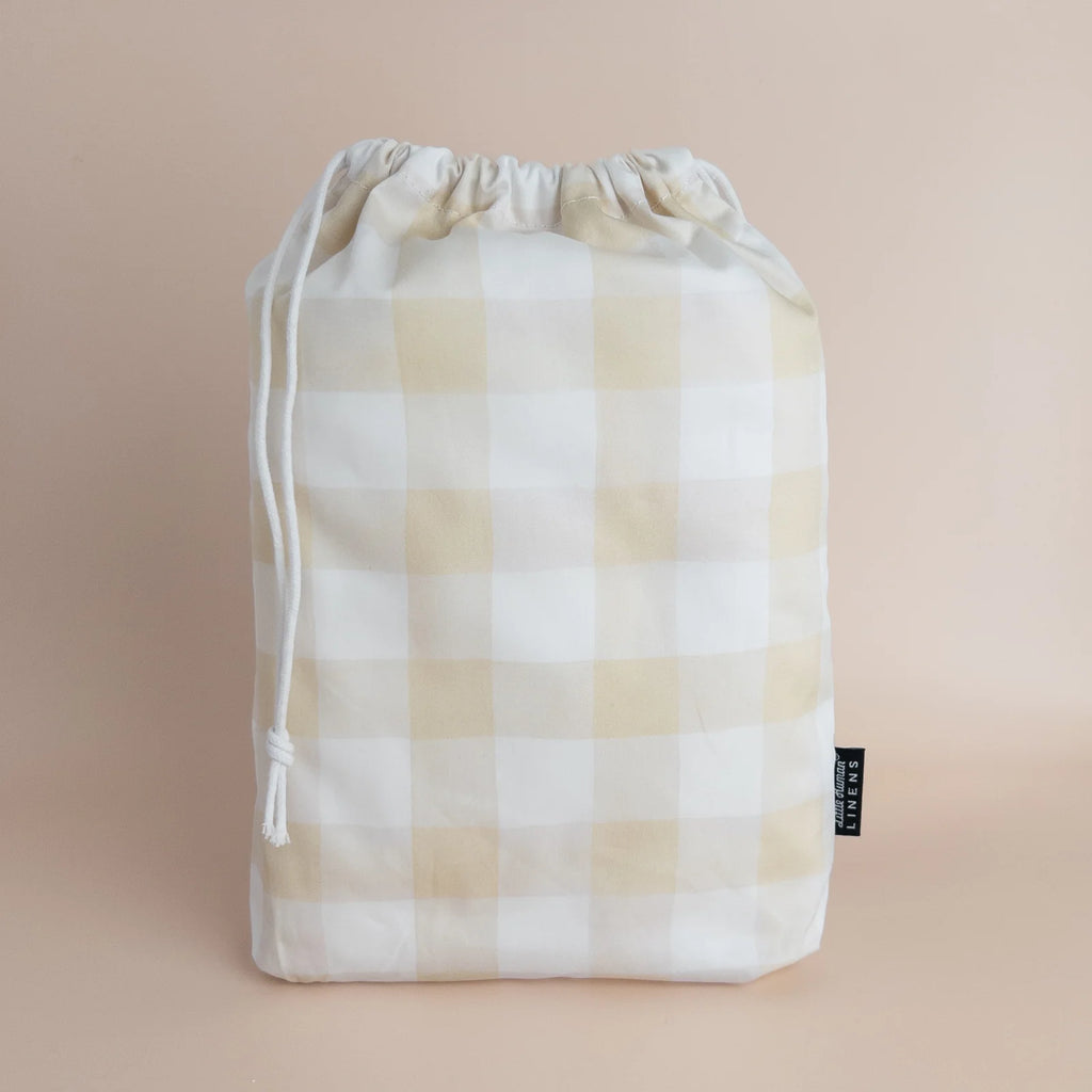 Waterproof Cot Sheet in Latte Brown Gingham with an Organic Cotton Face and Built-In Waterproof Lining