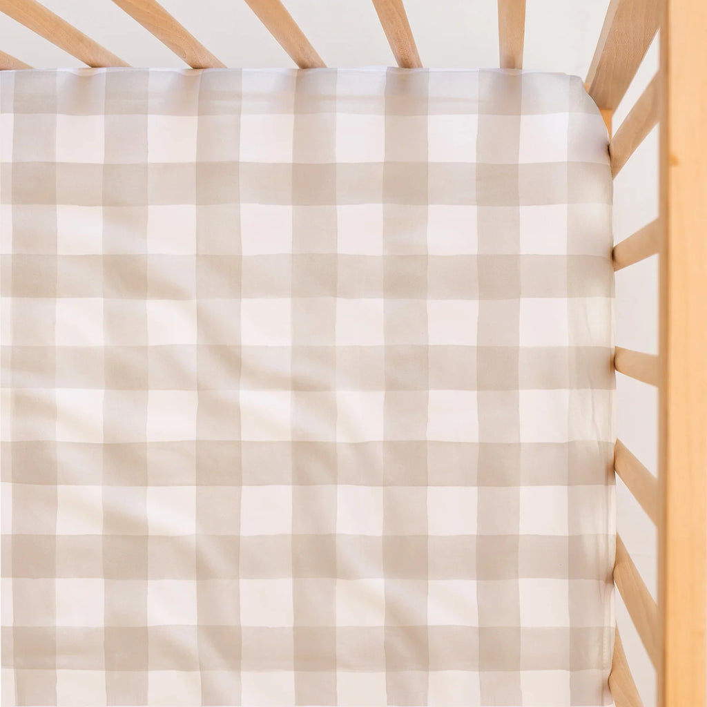 Waterproof Cot Sheet in Latte Brown Gingham with an Organic Cotton Face and Built-In Waterproof Lining