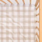 Waterproof Cot Sheet in Latte Brown Gingham with an Organic Cotton Face and Built-In Waterproof Lining