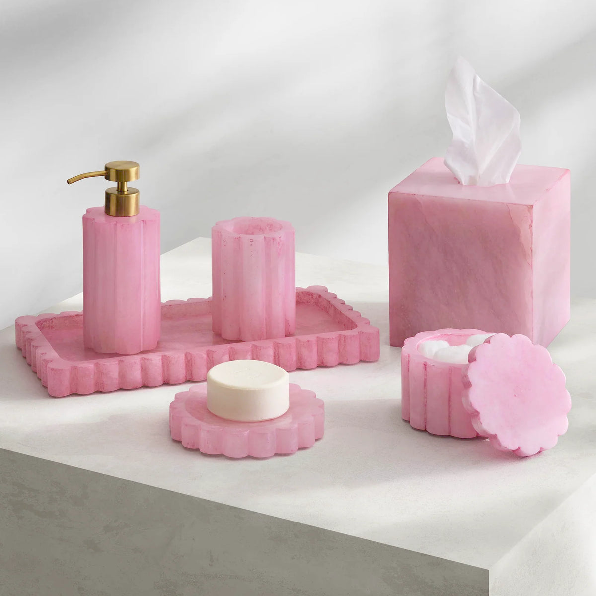 Wavy Alabaster Bathroom Accessories in Azure or Pink with Scalloped Details and Multiple Vanity Storage Pieces