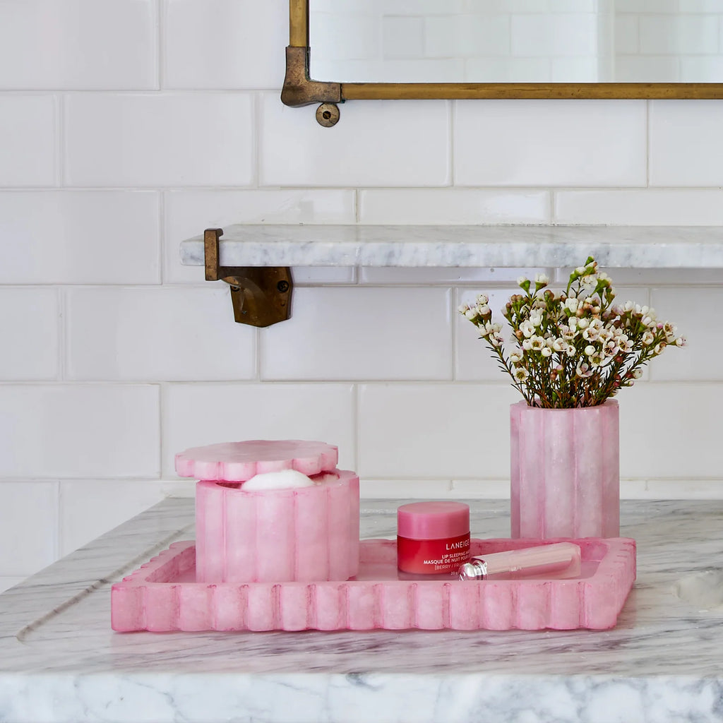 Wavy Alabaster Bathroom Accessories in Azure or Pink with Scalloped Details and Multiple Vanity Storage Pieces