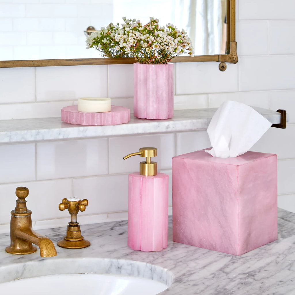 Wavy Alabaster Bathroom Accessories in Azure or Pink with Scalloped Details and Multiple Vanity Storage Pieces