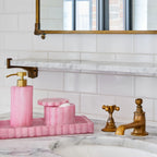 Wavy Alabaster Bathroom Accessories in Azure or Pink with Scalloped Details and Multiple Vanity Storage Pieces