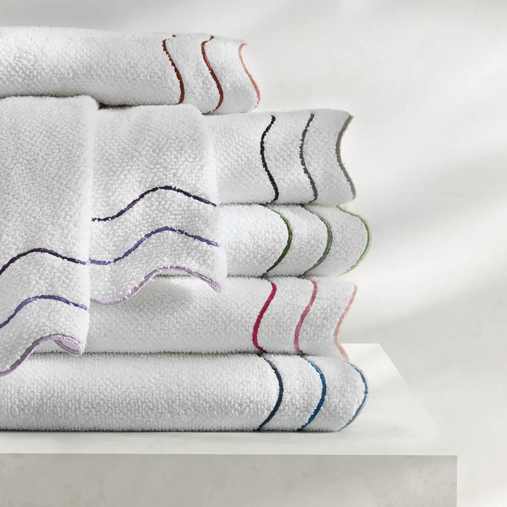 Wavy Cotton Towels with Riceweave Texture, Scalloped Borders and Bright Embroidery for Colorful Bathroom Styling