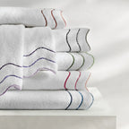Wavy Cotton Towels with Riceweave Texture, Scalloped Borders and Bright Embroidery for Colorful Bathroom Styling
