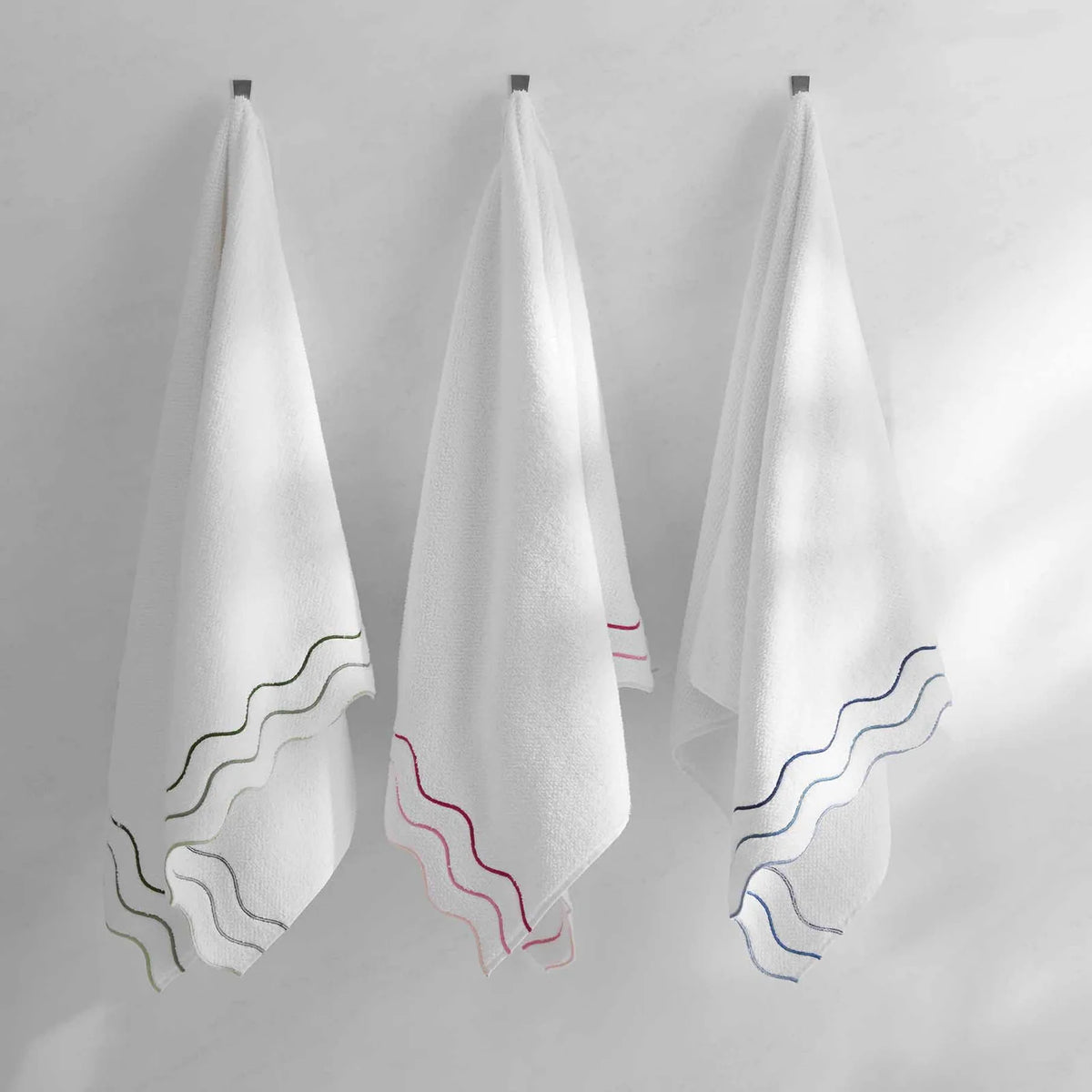 Wavy Cotton Towels with Riceweave Texture, Scalloped Borders and Bright Embroidery for Colorful Bathroom Styling