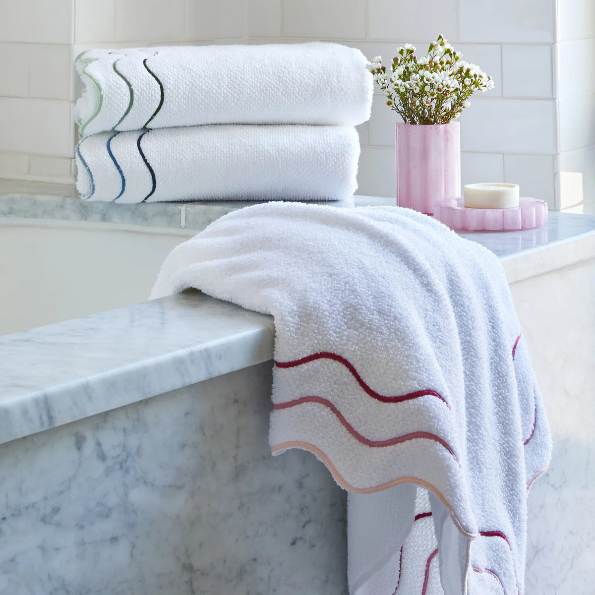 Wavy Cotton Towels with Riceweave Texture, Scalloped Borders and Bright Embroidery for Colorful Bathroom Styling