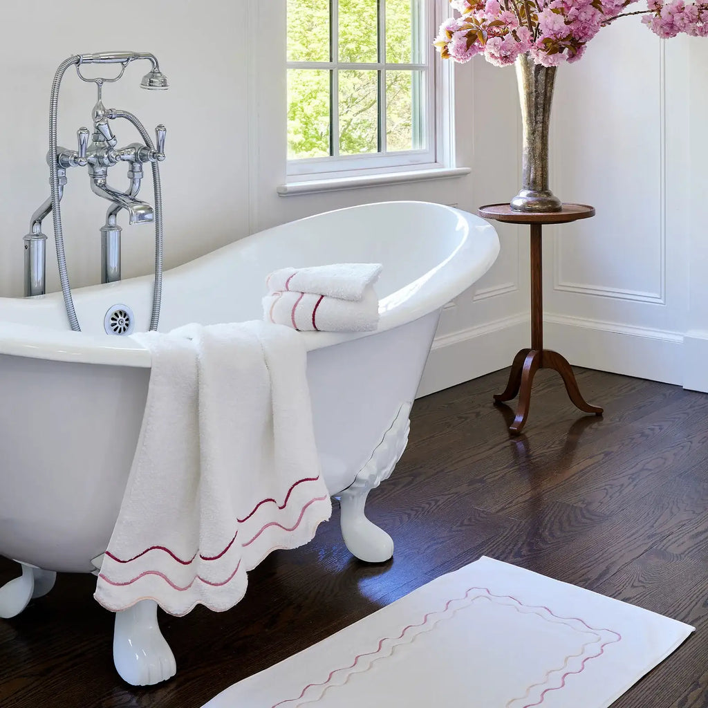 Wavy Cotton Towels with Riceweave Texture, Scalloped Borders and Bright Embroidery for Colorful Bathroom Styling