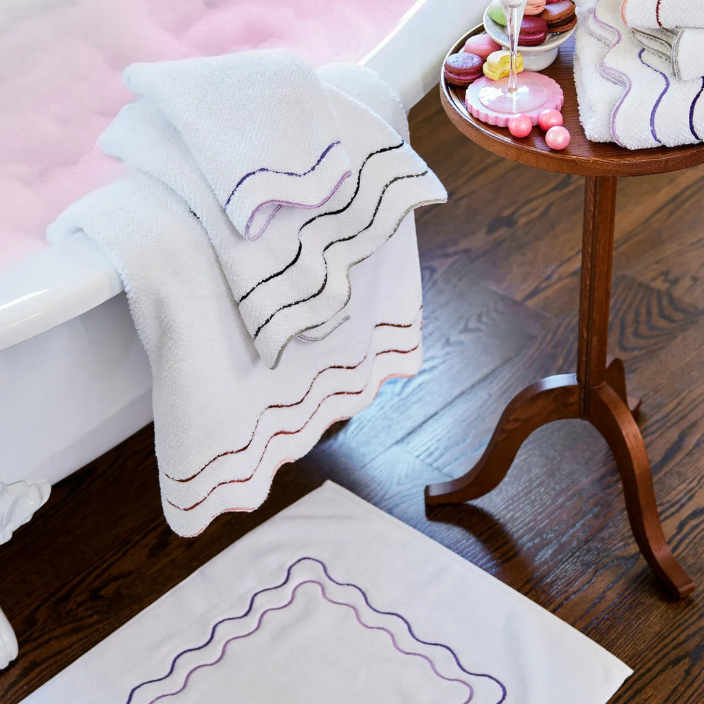 Wavy Cotton Towels with Riceweave Texture, Scalloped Borders and Bright Embroidery for Colorful Bathroom Styling