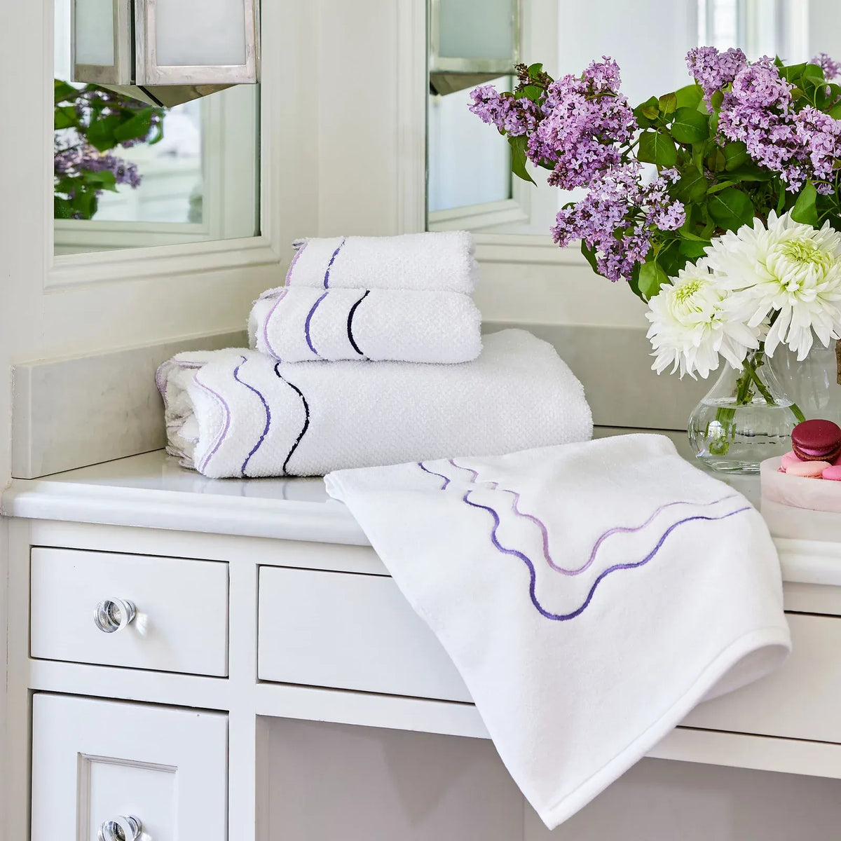 Wavy Cotton Towels with Riceweave Texture, Scalloped Borders and Bright Embroidery for Colorful Bathroom Styling