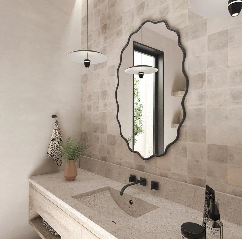 Wavy Irregular Wall Mirror with Handmade Glass, MDF Frame, Optional Daylight LED and Six Finish Choices