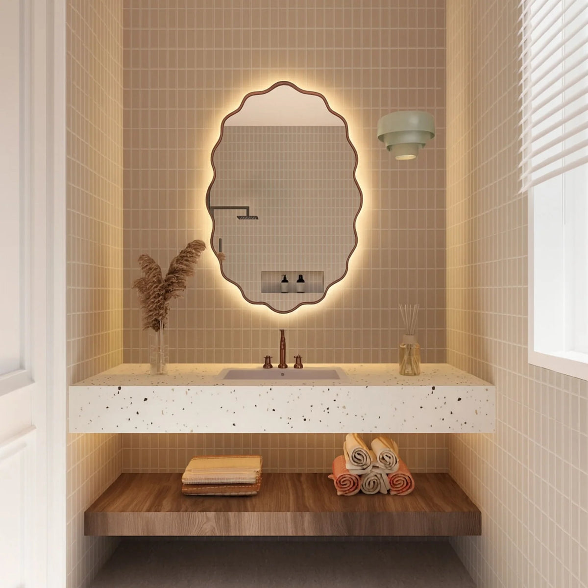 Wavy Irregular Wall Mirror with Handmade Glass, MDF Frame, Optional Daylight LED and Six Finish Choices