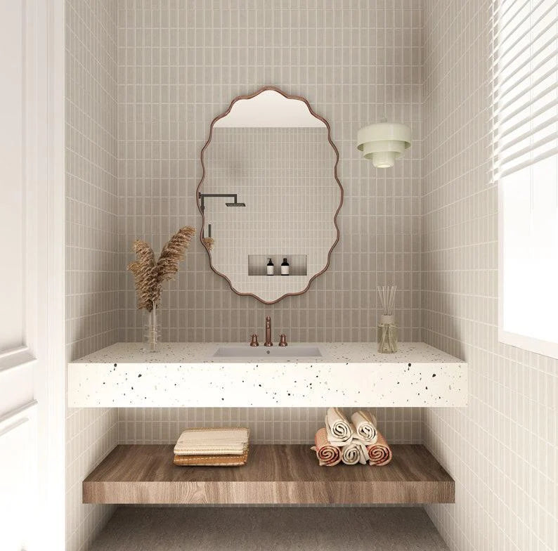 Wavy Irregular Wall Mirror with Handmade Glass, MDF Frame, Optional Daylight LED and Six Finish Choices