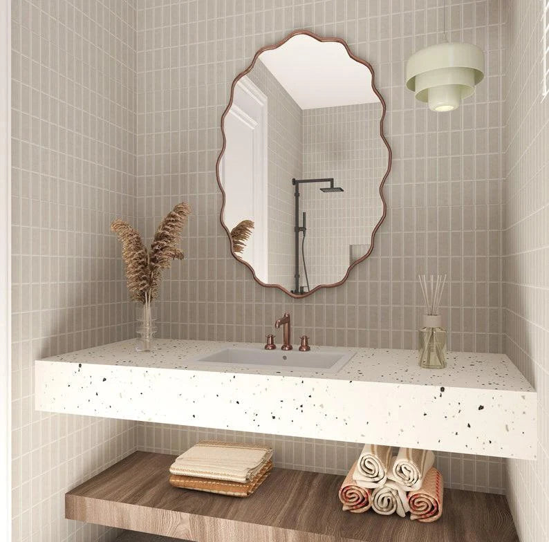 Wavy Irregular Wall Mirror with Handmade Glass, MDF Frame, Optional Daylight LED and Six Finish Choices