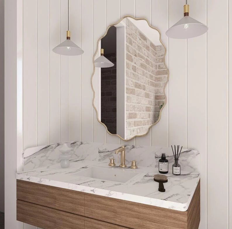 Wavy Irregular Wall Mirror with Handmade Glass, MDF Frame, Optional Daylight LED and Six Finish Choices