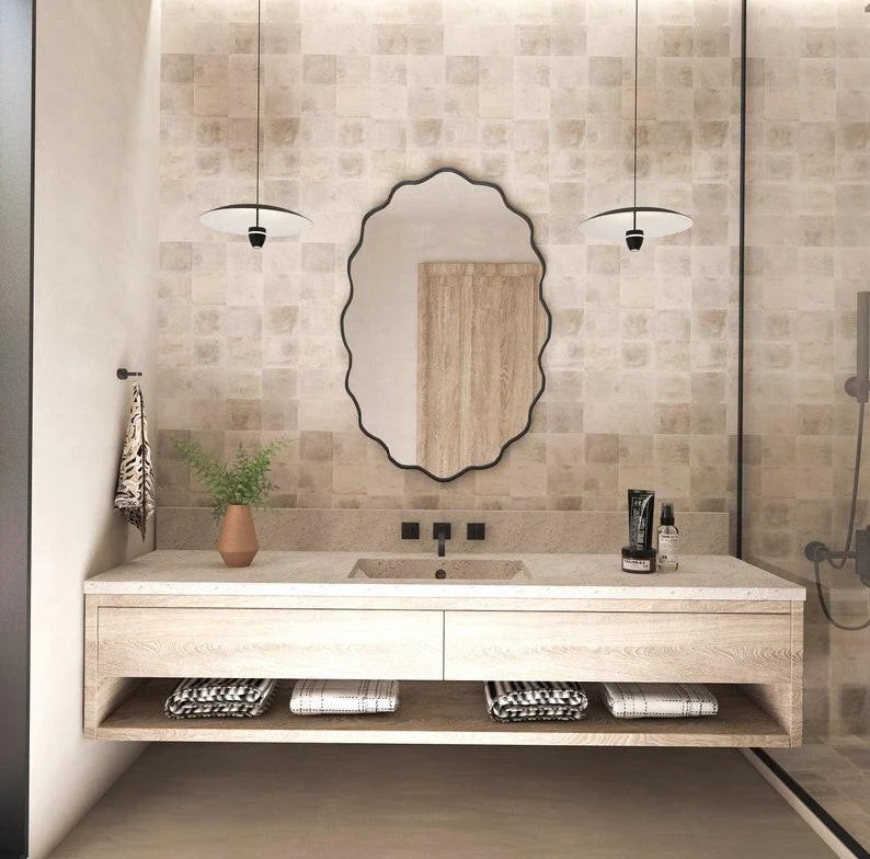 Wavy Irregular Wall Mirror with Handmade Glass, MDF Frame, Optional Daylight LED and Six Finish Choices