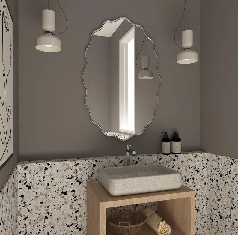 Wavy Irregular Wall Mirror with Handmade Glass, MDF Frame, Optional Daylight LED and Six Finish Choices