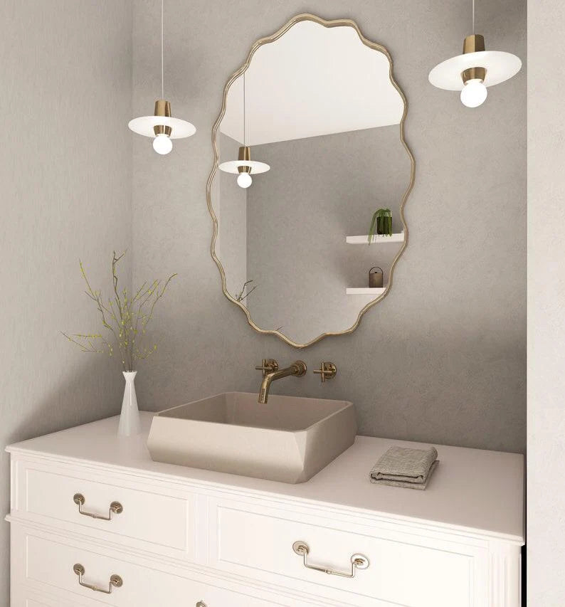 Wavy Irregular Wall Mirror with Handmade Glass, MDF Frame, Optional Daylight LED and Six Finish Choices
