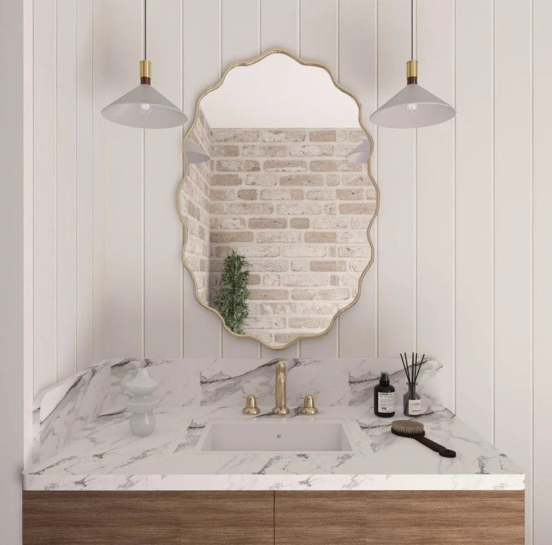 Wavy Irregular Wall Mirror with Handmade Glass, MDF Frame, Optional Daylight LED and Six Finish Choices