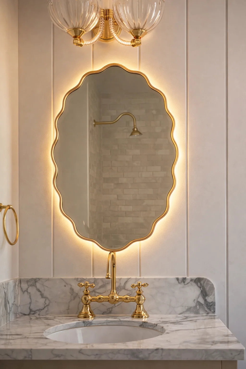 Wavy Irregular Wall Mirror with Handmade Glass, MDF Frame, Optional Daylight LED and Six Finish Choices