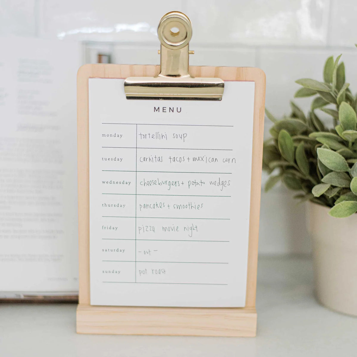 Weekly Menu Stand with Solid Pine Base, Brass Clip and Six-Month Tear-Off Meal Planning Pad