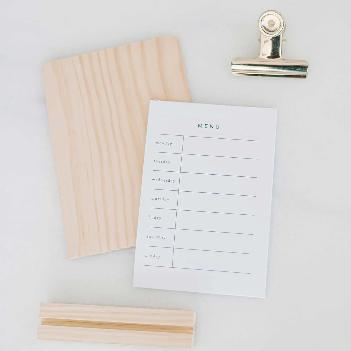 Weekly Menu Stand with Solid Pine Base, Brass Clip and Six-Month Tear-Off Meal Planning Pad