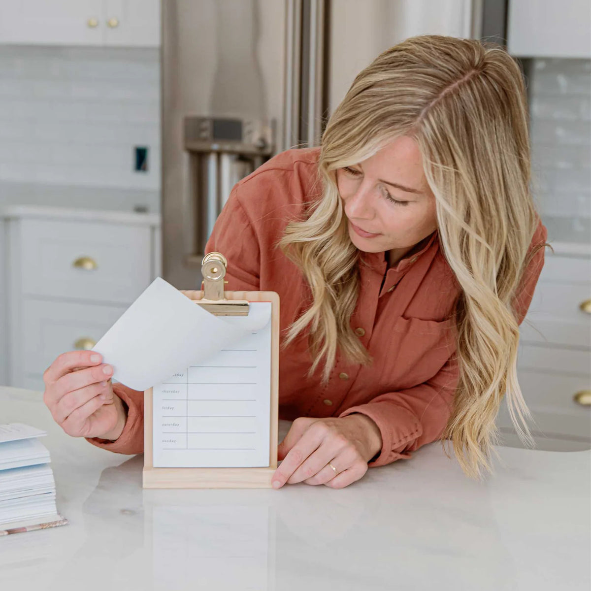 Weekly Menu Stand with Solid Pine Base, Brass Clip and Six-Month Tear-Off Meal Planning Pad