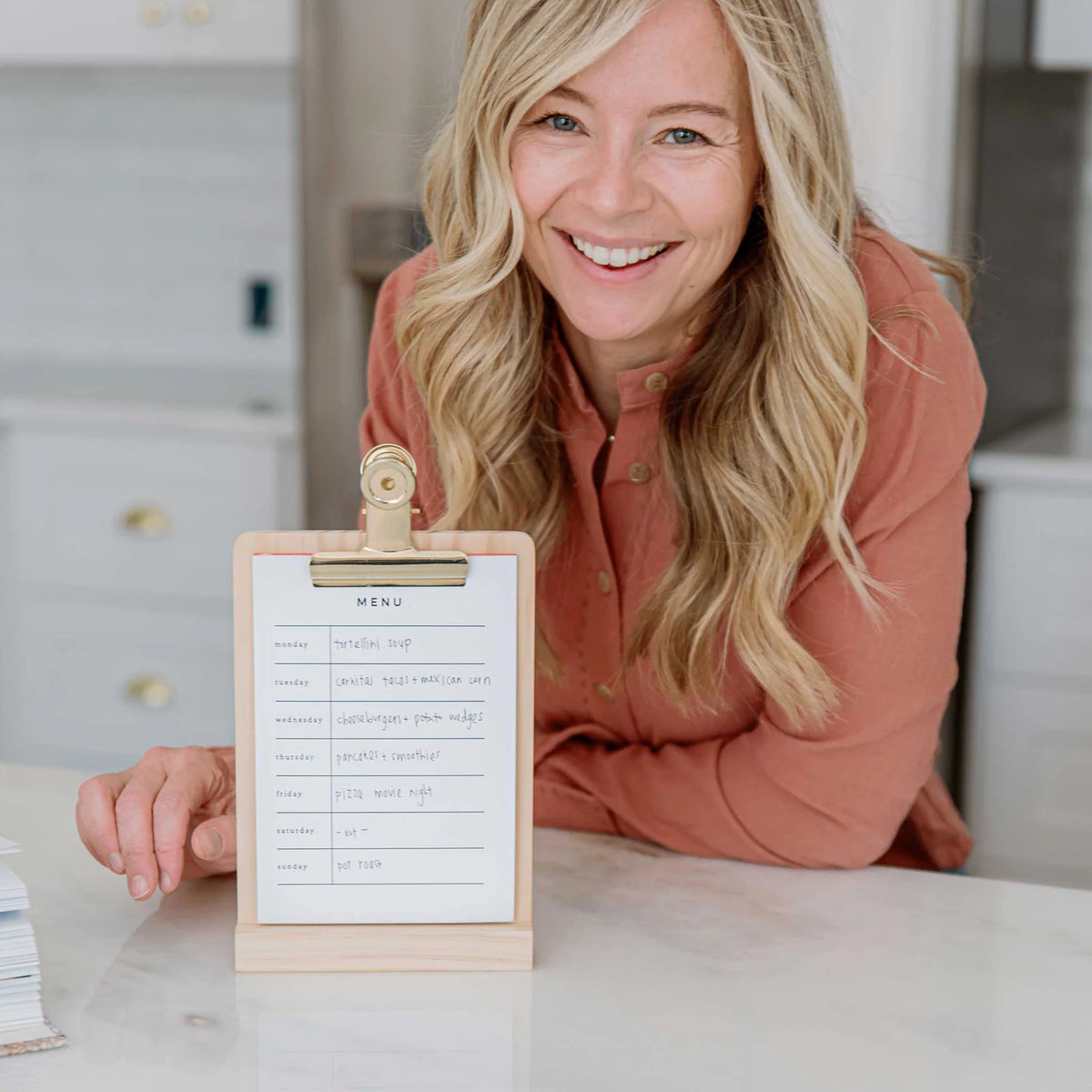 Weekly Menu Stand with Solid Pine Base, Brass Clip and Six-Month Tear-Off Meal Planning Pad