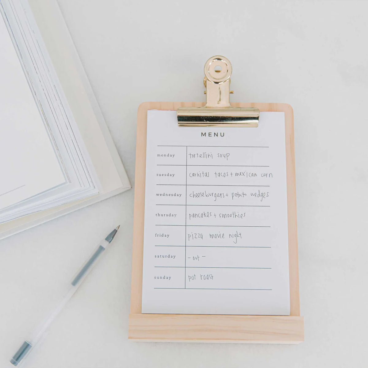 Weekly Menu Stand with Solid Pine Base, Brass Clip and Six-Month Tear-Off Meal Planning Pad