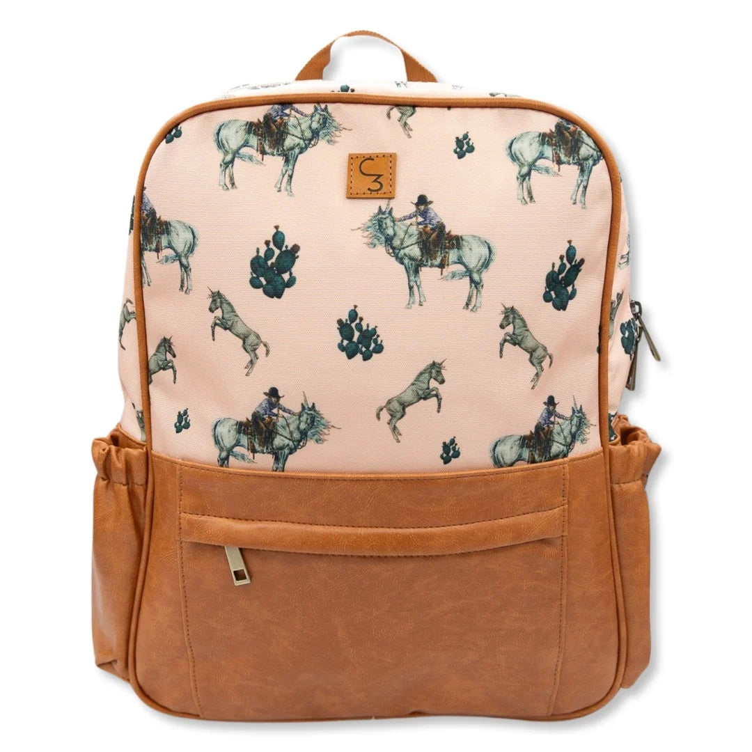 Western Unicorn Backpack for School and Diaper Bag Use with Bottle Pockets and a Lined Interior