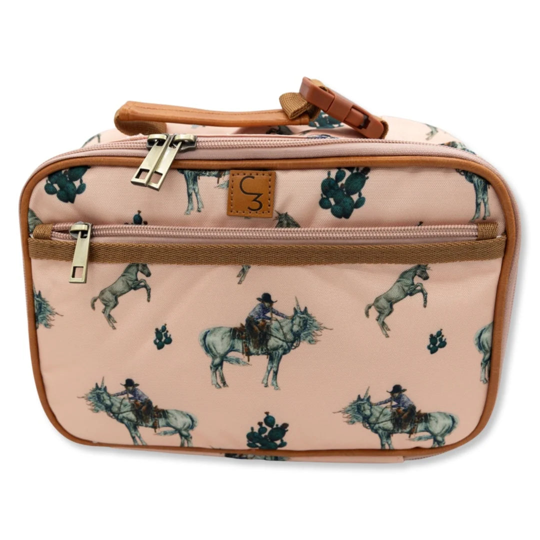 Western Unicorn Lunch Box with an Insulated Interior and Clip Handle for Easy Backpack Attachment